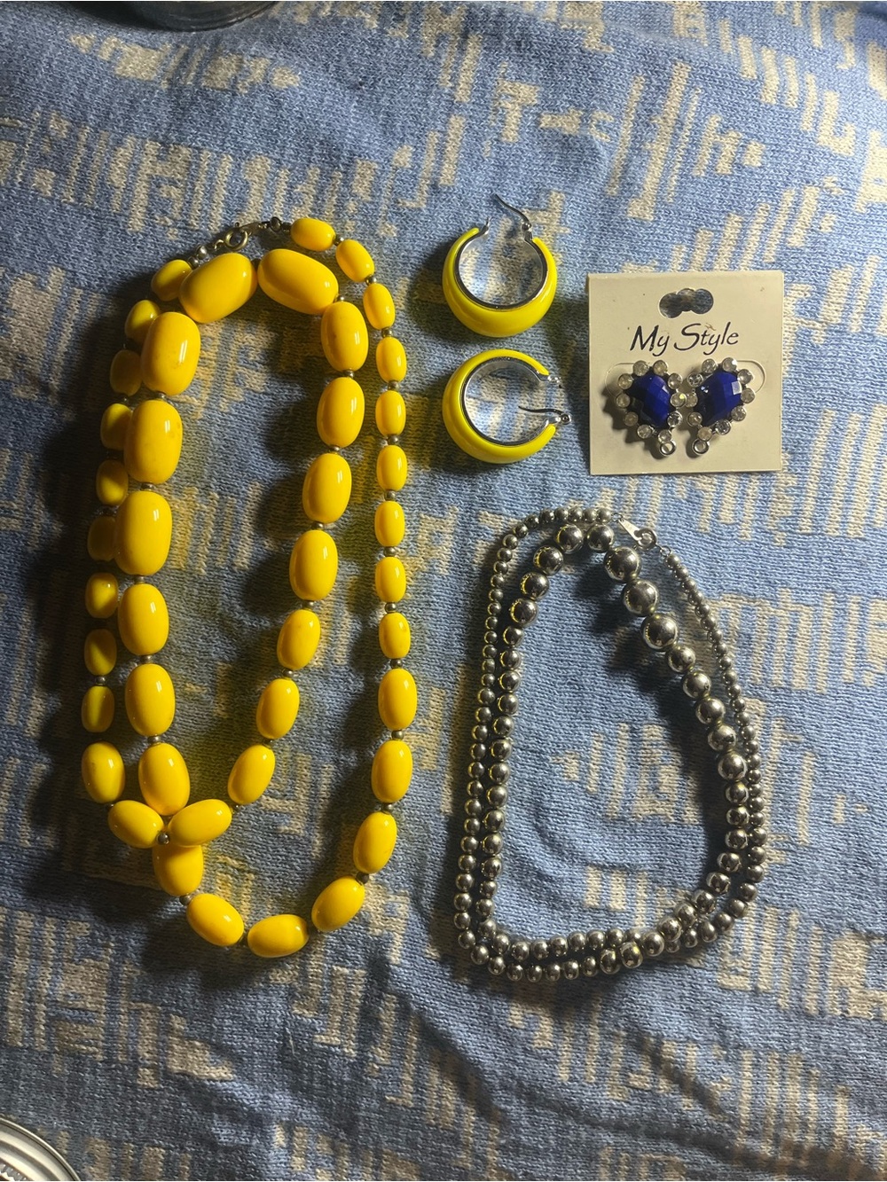 Yellow Bead Necklace & Hoop Earrings Set with Silver Beaded Bracelet